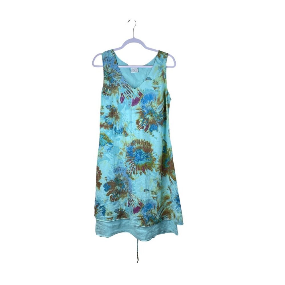 Click by Color Me Cotton Watercolor Linen Dress Lace Up Back M